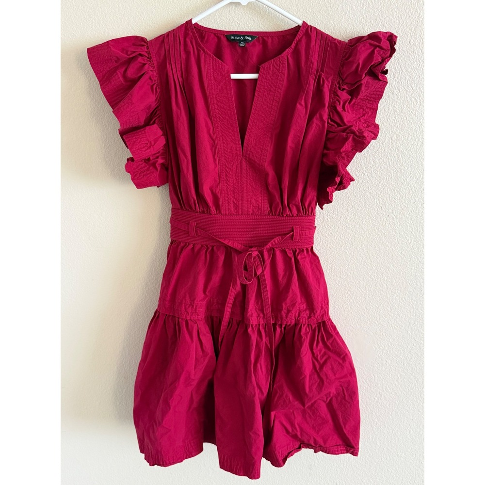 Strut & Bolt Fuchsia Pink Ruffle Sleeve Tiered Mini Dress V-Neck Belted Medium